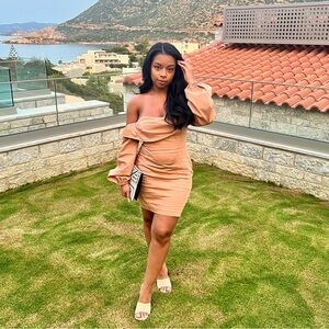 ASOS Luxe off shoulder tan mini dress